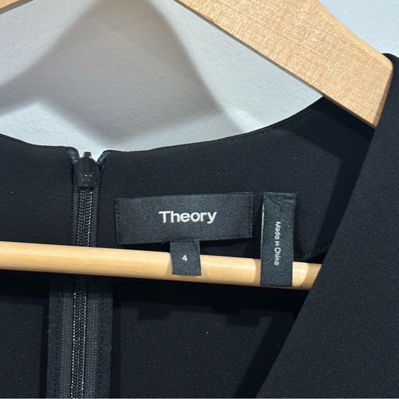 NWOT! Theory Pleated Cap Sleeve‎ Black Classic Crepe A-line Dress V-neck Size 4 - Picture 5 of 9